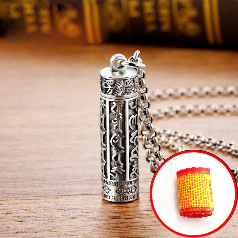 Buddha Stones Tibetan Om Mani Padme Hum Copper Plated Silver Shurangama Mantra Vajra Pattern Peace Necklace Pendant