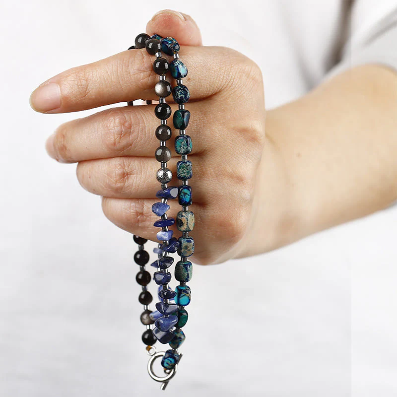 Buddha Stones Emperor Stone Sodalite Gold Sheen Obsidian Balance Triple Wrap Bracelet