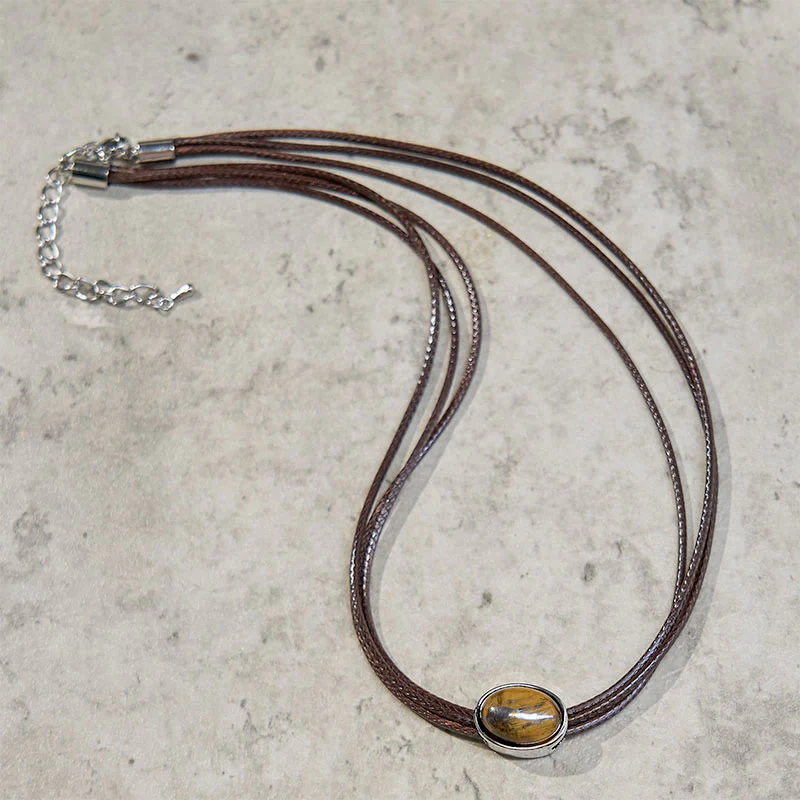 Buddha Stones Natural Tiger Eye Ellipse Protection Wax Rope Necklace Pendant
