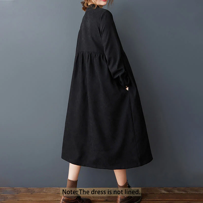 Buddha Stones Casual Plain Buttons Design Thermal Cotton Linen Midi Dress With Pockets