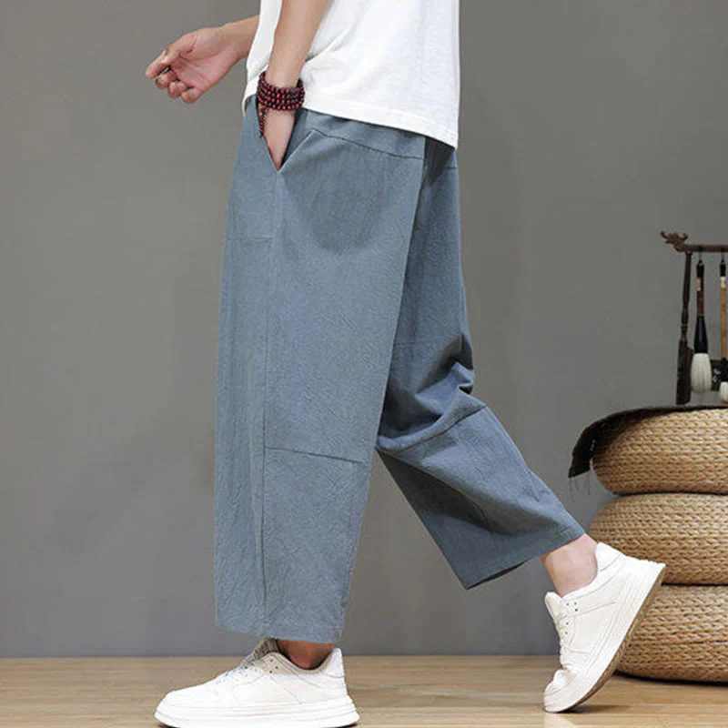 Buddha Stones Casual Plain Low Crotch Design Drawstring Men's Cotton Elastic Waistband Wide Leg Pants With Pockets