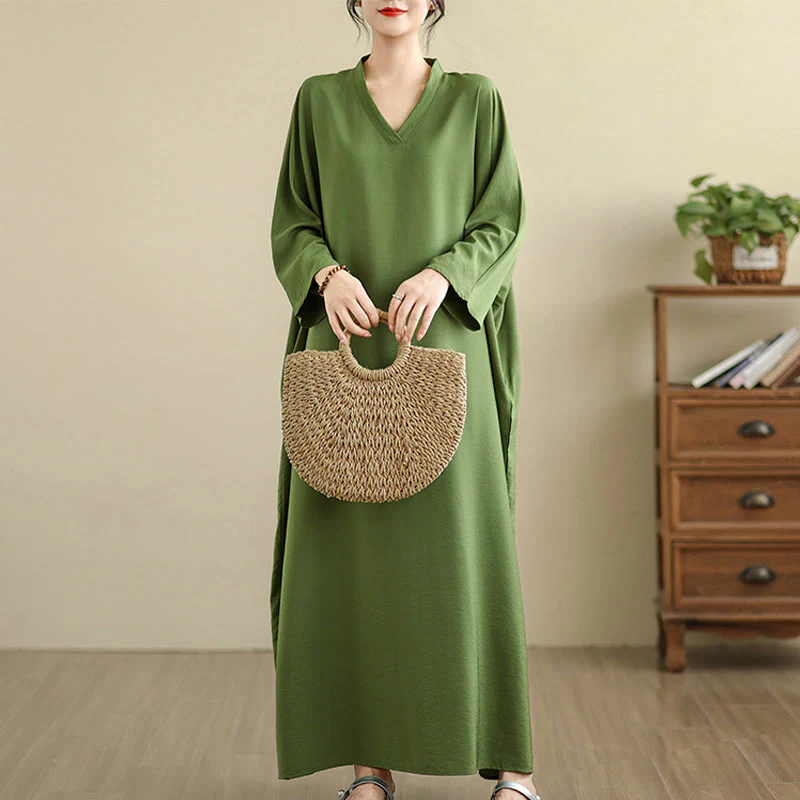 Buddha Stones Retro Casual Solid Color Long Sleeve Cotton Linen Maxi Dress With Pockets