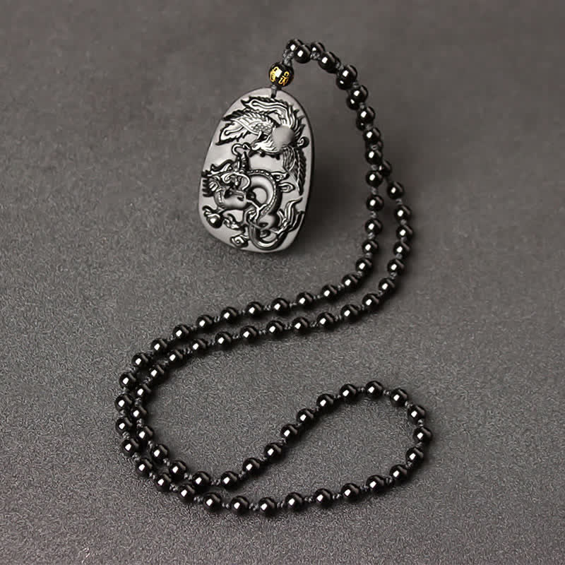 Buddha Stones Black Obsidian Tiger Eye Dragon Phoenix Protection Beaded Necklace Pendant