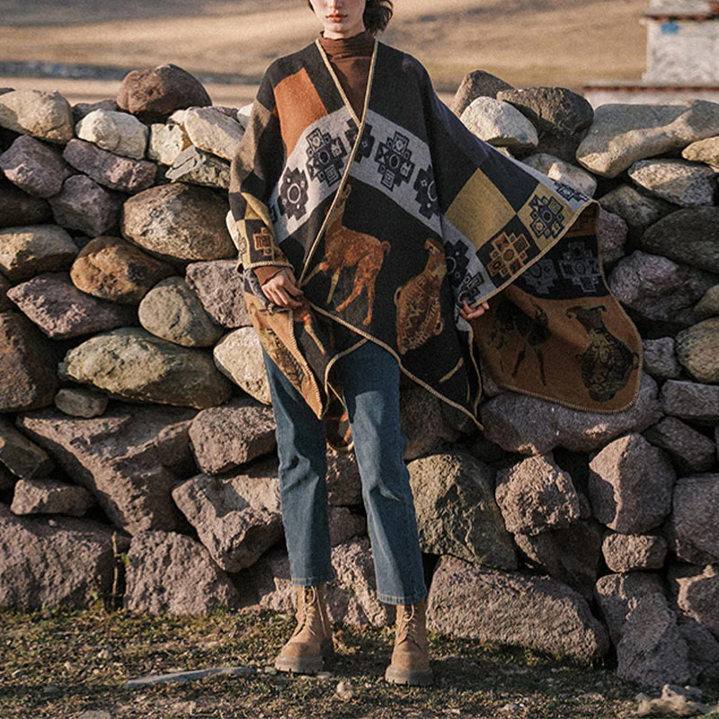 Buddha Stones Tibetan Shawl Deer Vase Geometric Shapes Winter Cozy Travel Scarf Wrap