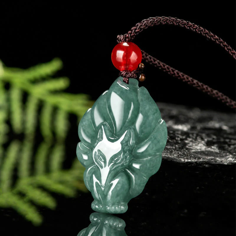 Buddha Stones Natural Green Jade Nine Tailed Fox Luck Necklace Pendant