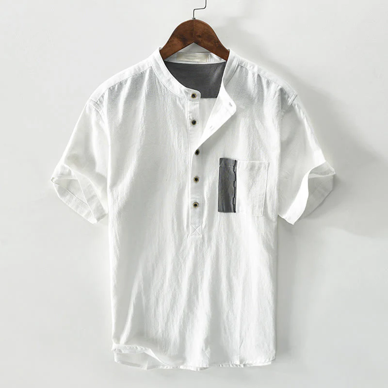Buddha Stones Casual Color Contrast Half Button Design Stand Collar Men's Short Sleeve Cotton Linen Shirt With Pocket
