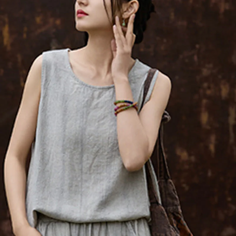 Buddha Stones Summer Tie-dye Linen Crew Neck Sleeveless Women's Vest