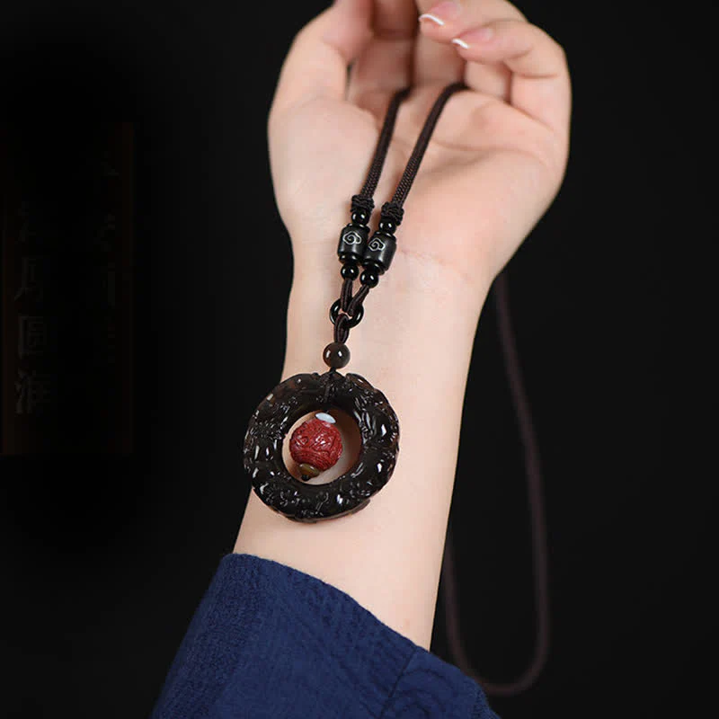 Buddha Stones FengShui Natural Rainbow Obsidian PiXiu Cinnabar Healing Necklace Pendant