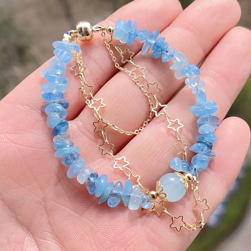 Buddha Stones Aquamarine Gravel Design Star Healing Magnetic Buckle Bracelet