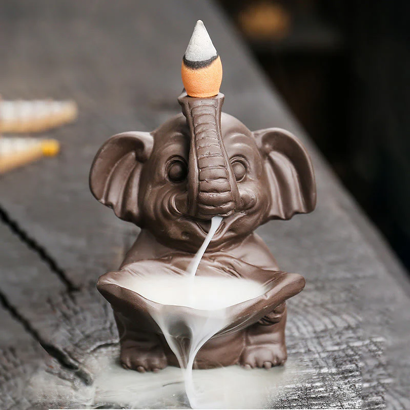 Buddha Stones Little Elephant Holding Leaf Purple Clay Backflow Smoke Fountain Healing Incense Burner Decoration