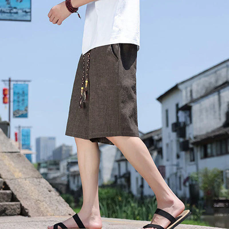 Buddha Stones Weaving Waist Rope Beads Cropped Linen Men's Shorts With Pockets