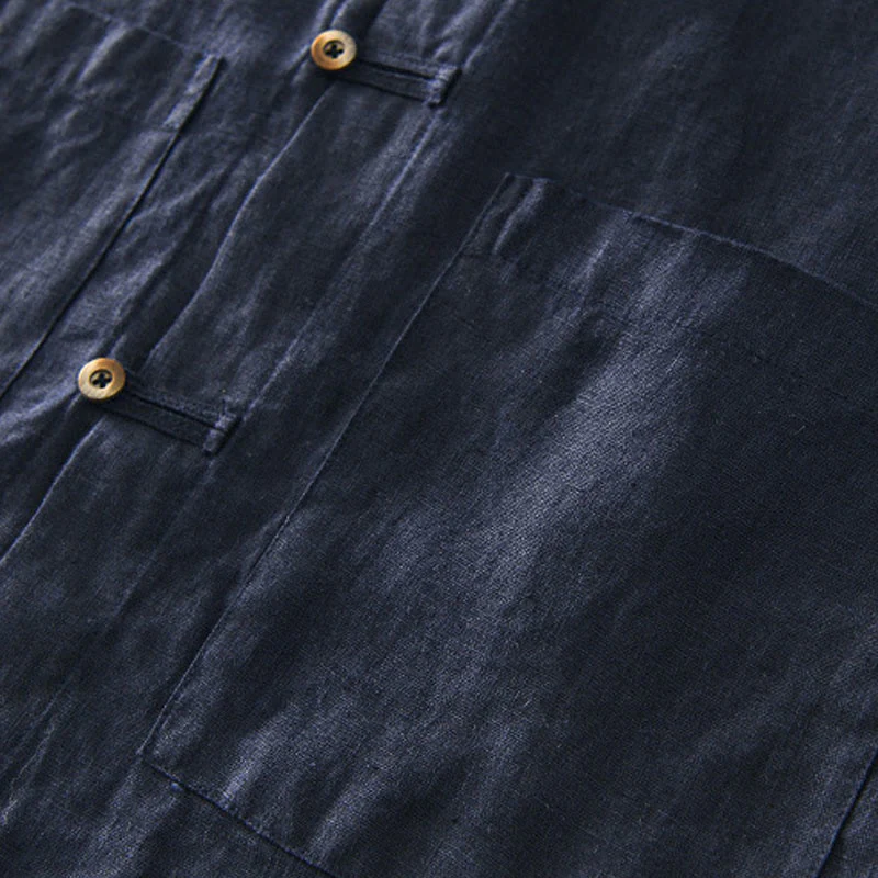 Buddha Stones Solid Summer Short Sleeve Buttons Linen Men's Shirt With Pockets