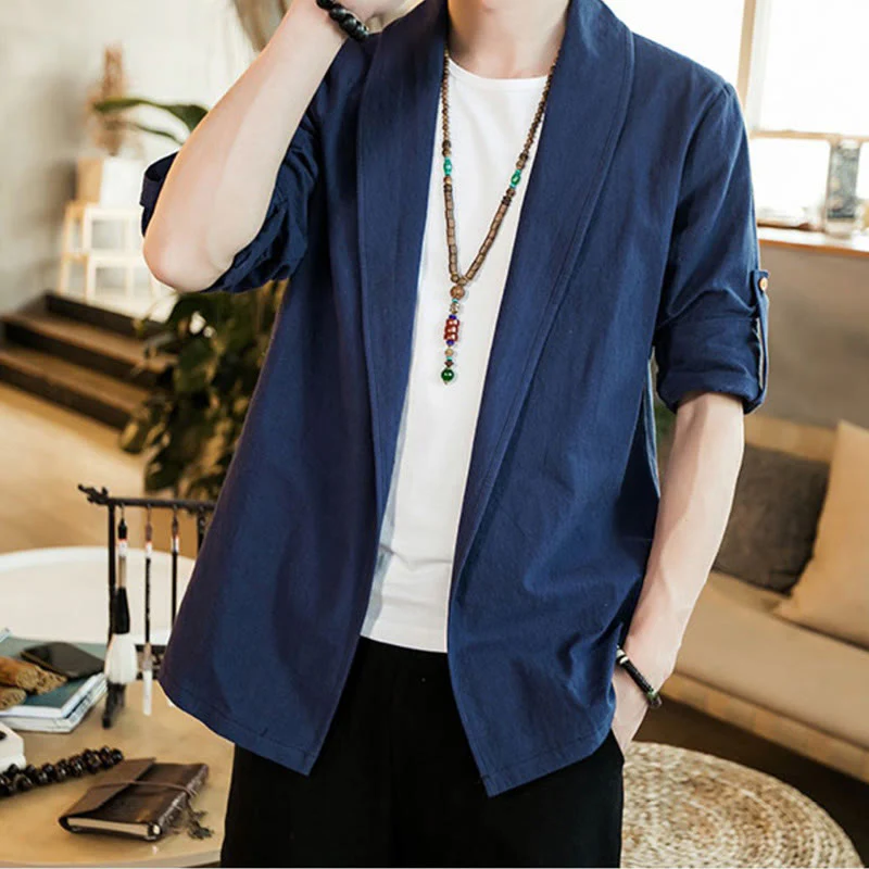 Buddha Stones Vintage Plain Lapel Open Front Jacket Cotton Men's Kimono