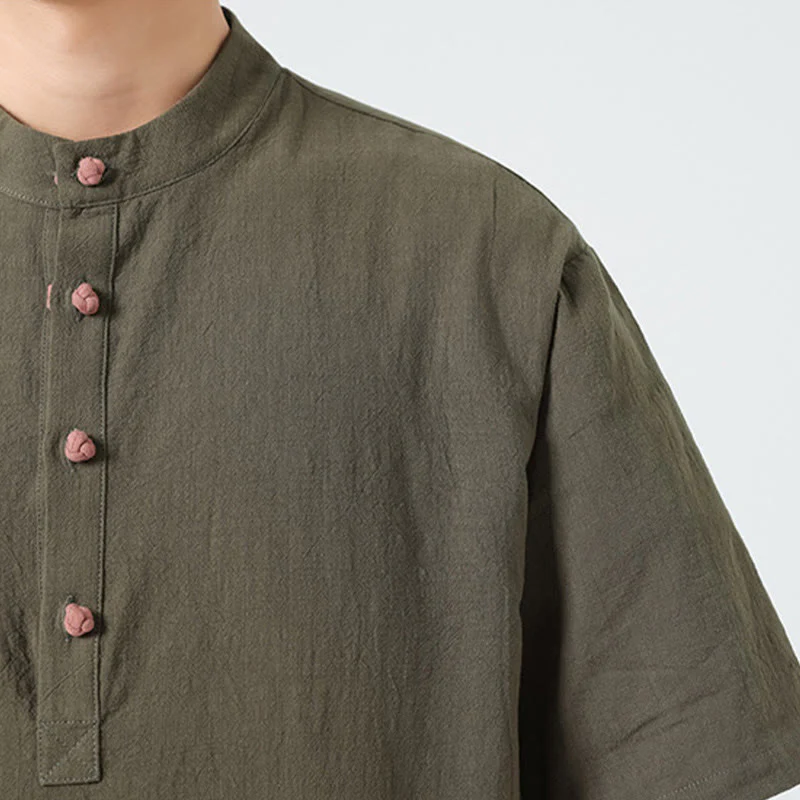 Buddha Stones Casual Half Frog-Button Design Stand Collar Tang Suit Men's Half Sleeve Cotton Shirt With Pocket