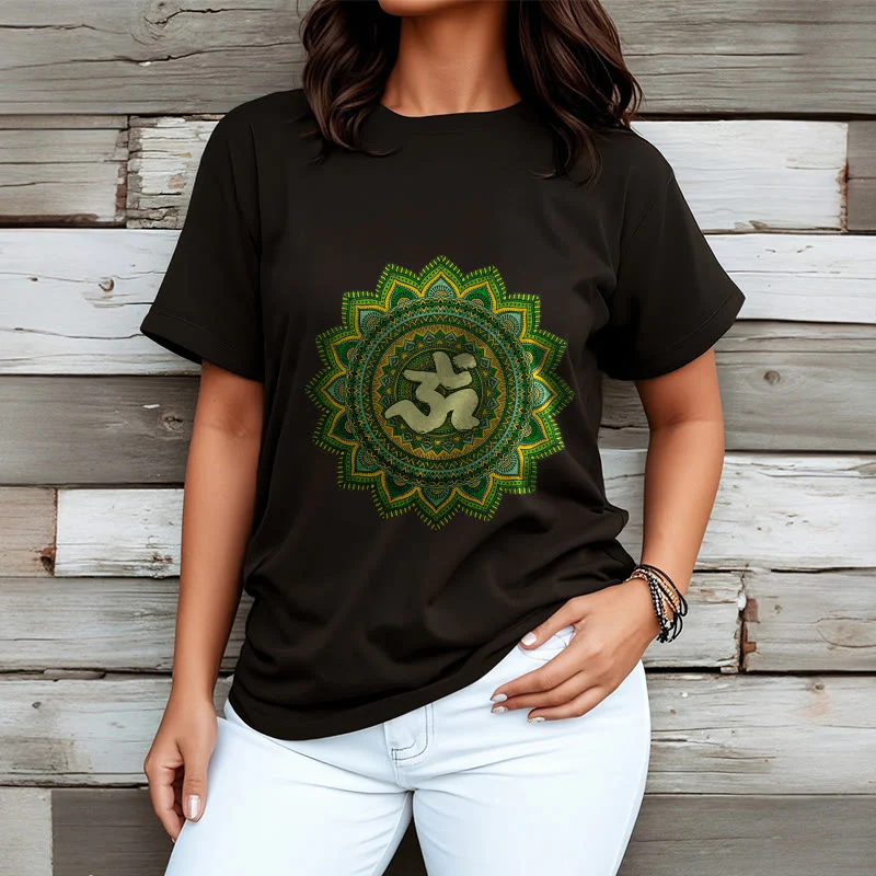 Buddha Stones Casual Green Mandala Om Symbol Pattern Cotton Tee T-shirt