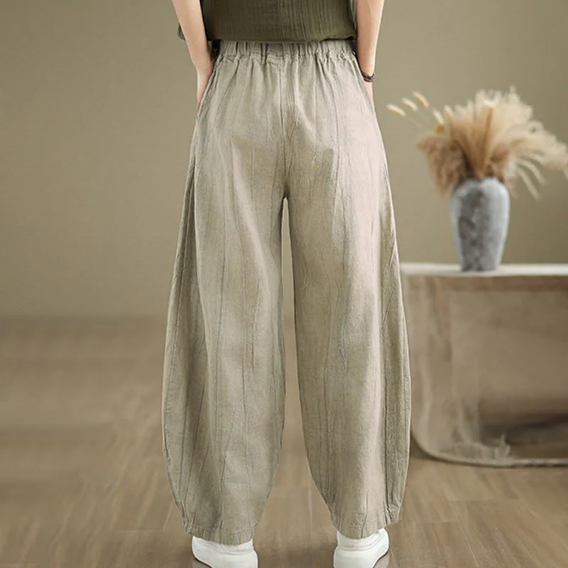 Buddha Stones Casual Plain Women's Cotton Linen Harem Pants With Pockets