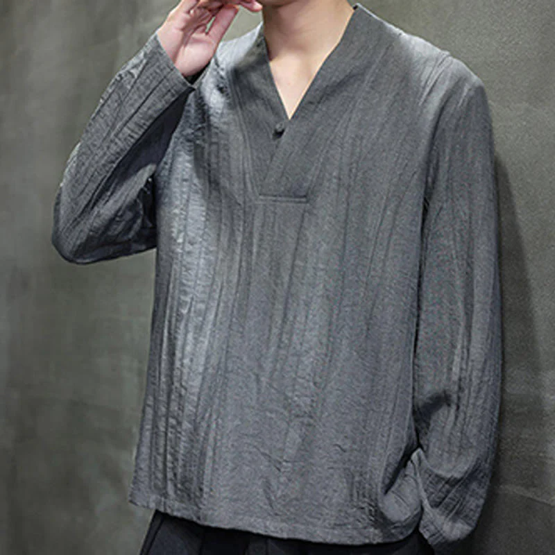 Buddha Stones Plain V-Neck Long Sleeve Men's Linen Shirt