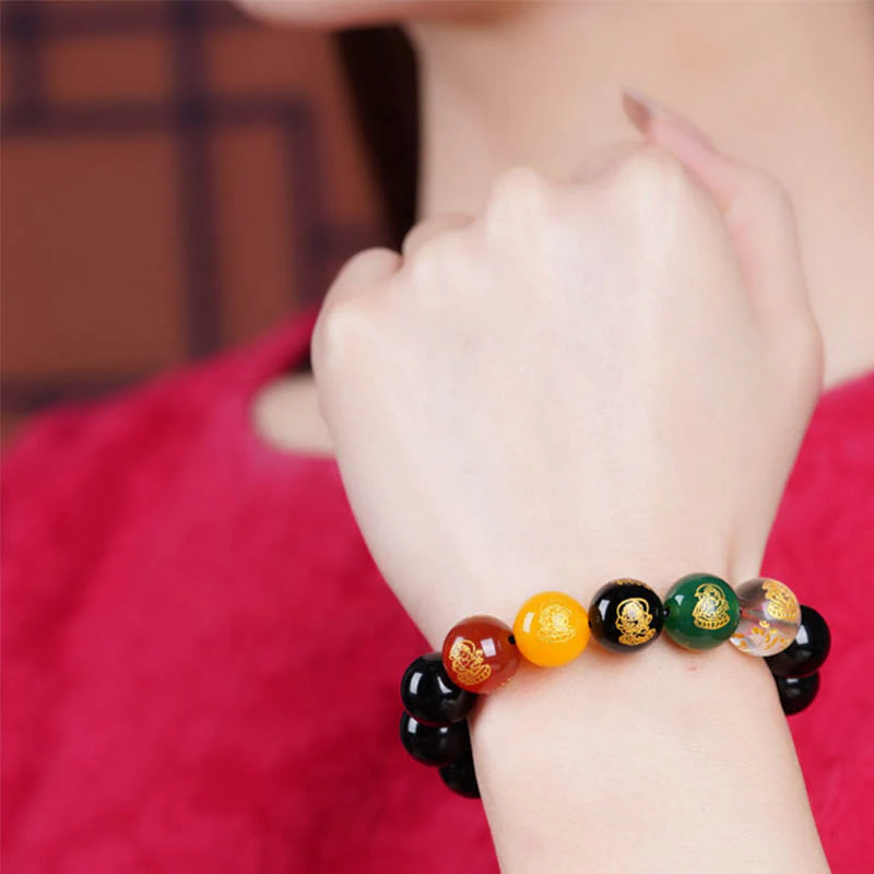 Buddha Stones Gold Sheen Obsidian Rainbow Obsidian Black Obsidian Five Directions Gods of Wealth Bracelet