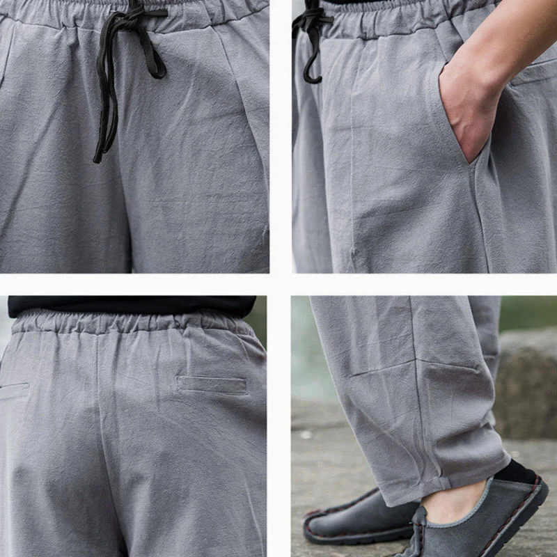 Buddha Stones Plain Casual Linen Bloomer Men's Pants With Pockets