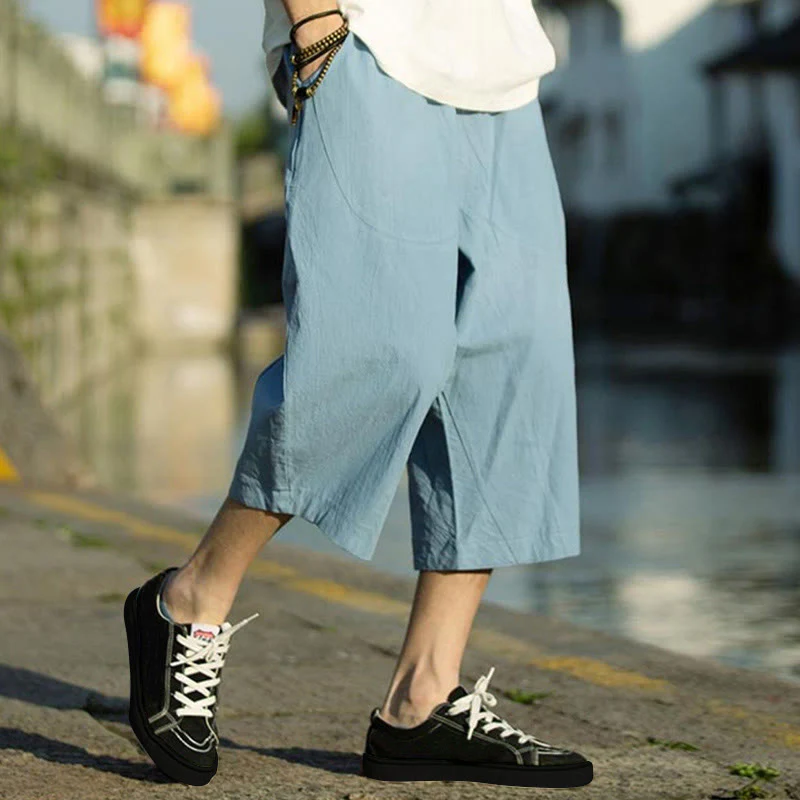 Buddha Stones Summer Plain Pleat Design Drawstring Men's 7-8 Length Cotton Linen Pants With Pockets