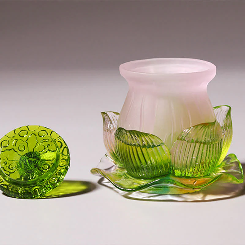 Buddha Stones Feng Shui Lotus Handmade Liuli Crystal Art Piece Home Office Offering Decoration