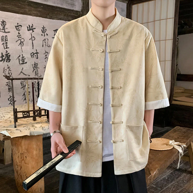 Buddha Stones Jacquard Bamboo Plum Bossom Pattern Chinese Frog-Button Design Men's Half Sleeve Cotton Shirt With Pockets