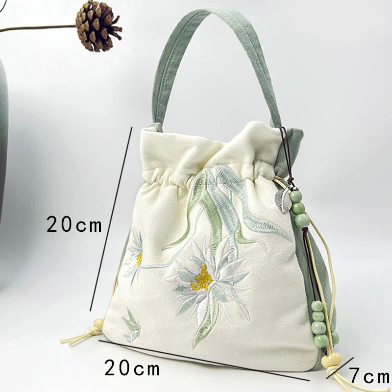 Buddha Stones Embroidered Butterfly Lotus Magnolia Cotton Linen Tote Crossbody Bag Shoulder Bag Handbag