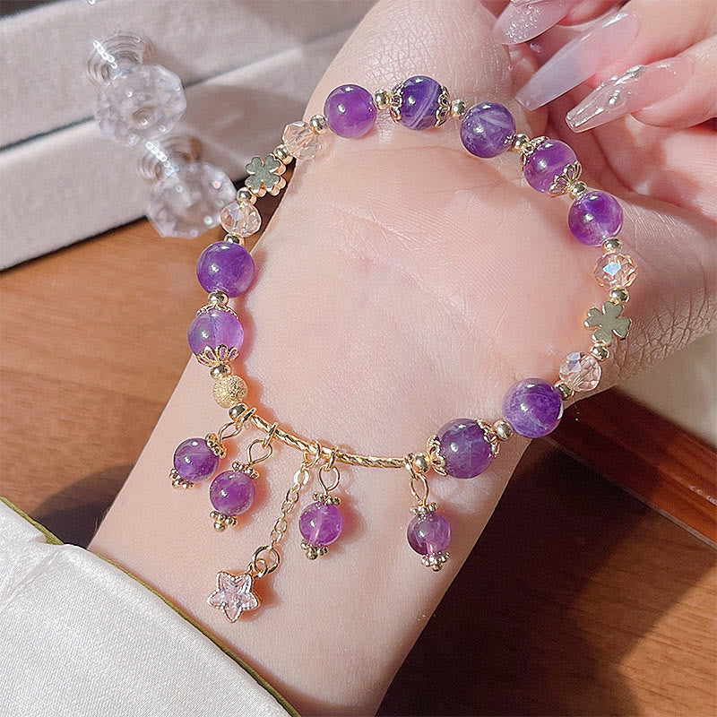 Buddha Stones Natural Amethyst Four Leaf Clover Star Peace Bracelet