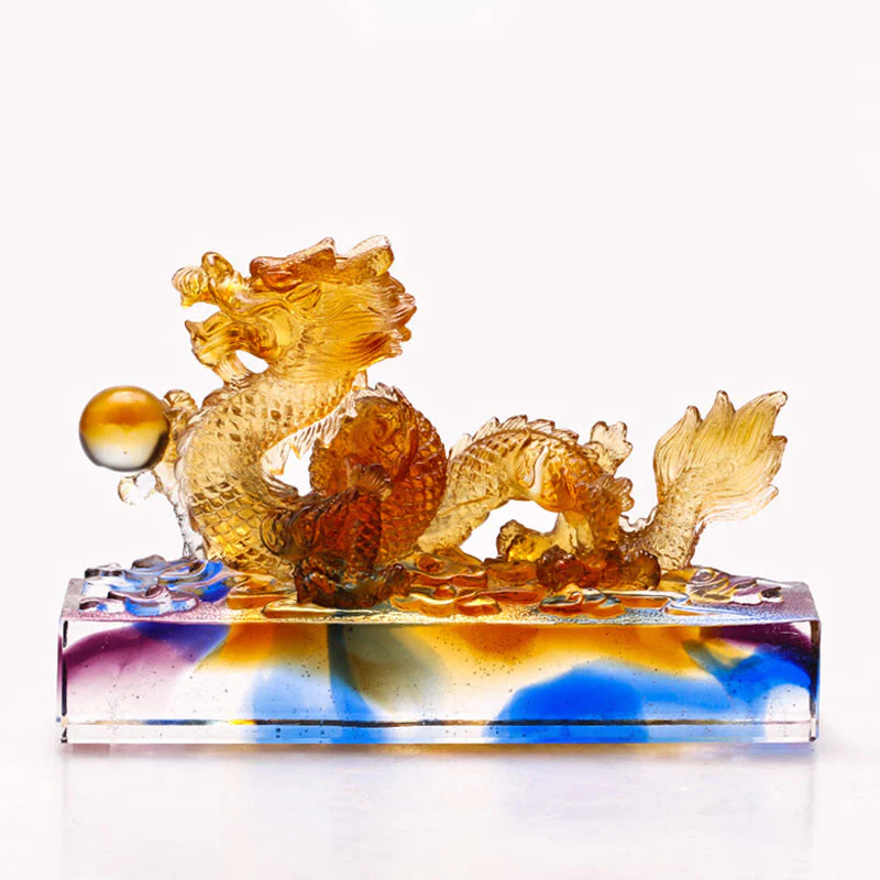 Buddha Stones Handmade Multicolored Dragon Liuli Crystal Art Piece Protection Home Office Decoration
