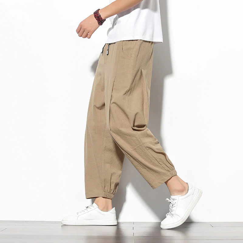 Buddha Stones Summer Men's 7-8 Length Cotton Linen Carrot Pants With Pockets