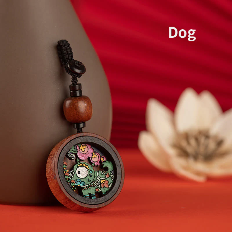 Buddha Stones Year Of The Dragon Hand Painted Chinese Zodiac Rosewood Carved Calm Key Chain