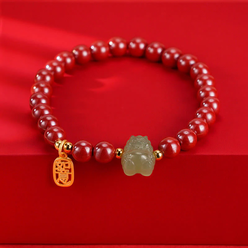 Buddha Stones 925 Sterling Silver Year of the Dragon Natural Cinnabar Hetian Jade Dragon Fu Character Ruyi As One Wishes Charm Blessing Bracelet