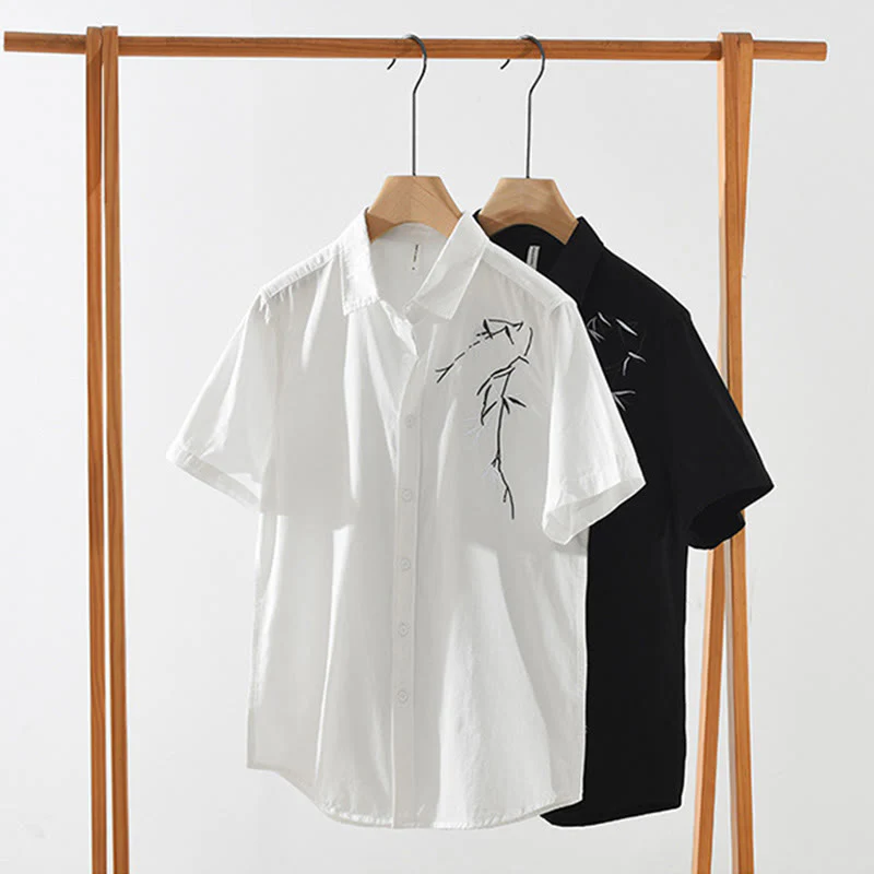 Buddha Stones Artistic Simple Design Embroidery Bamboo Pattern Men's Short Sleeve Cotton Shirt
