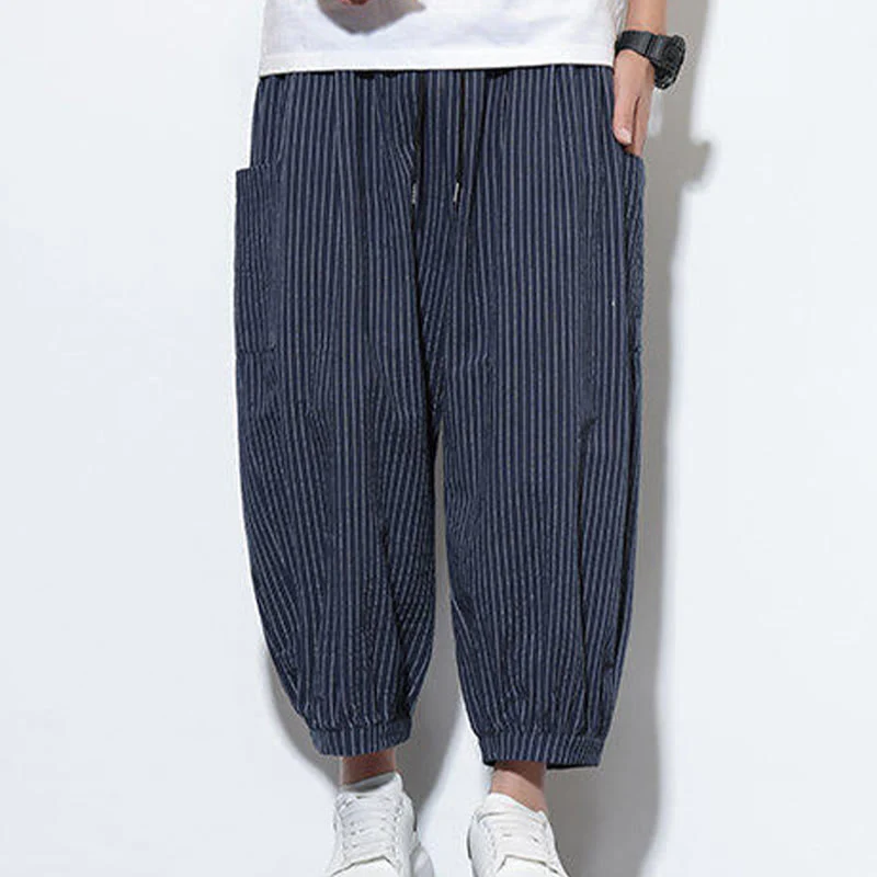 Buddha Stones Casual Striped Men's Cotton 7-8 Length Harem Pants With Pockets