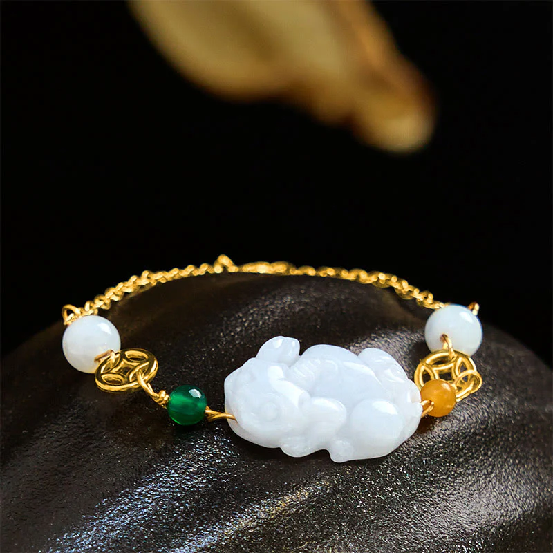 Buddha Stones Natural Jade PiXiu Carved Copper Coin Luck Chain Bracelet