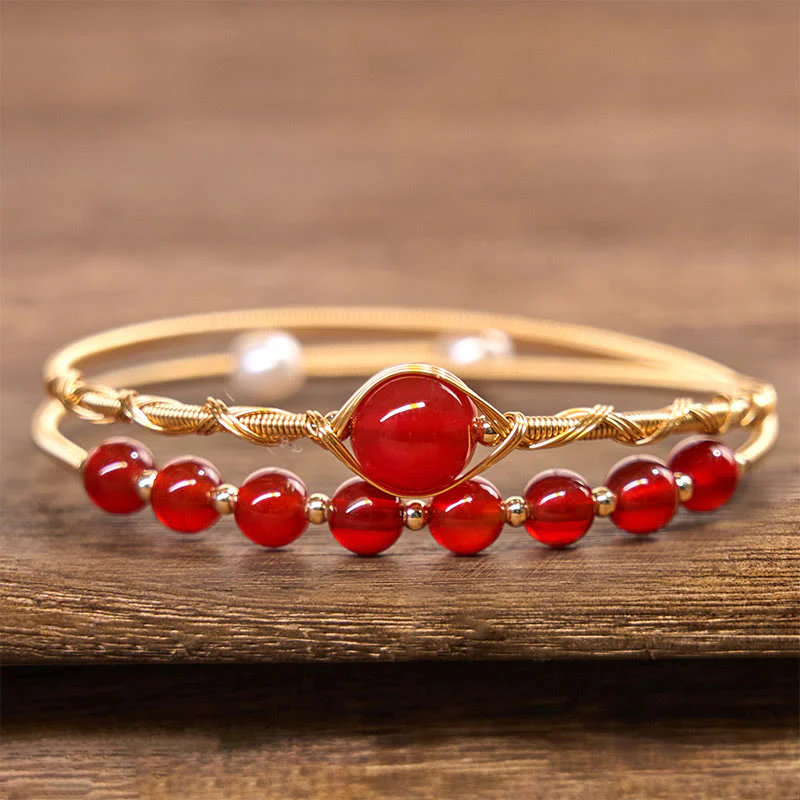 Buddha Stones 14K Gold Filled Copper Natural Red Agate Beads Confidence Metal Cuff Bracelet Bangle
