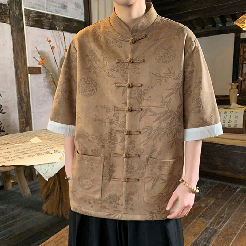 Buddha Stones Jacquard Bamboo Plum Bossom Pattern Chinese Frog-Button Design Men's Half Sleeve Cotton Shirt With Pockets