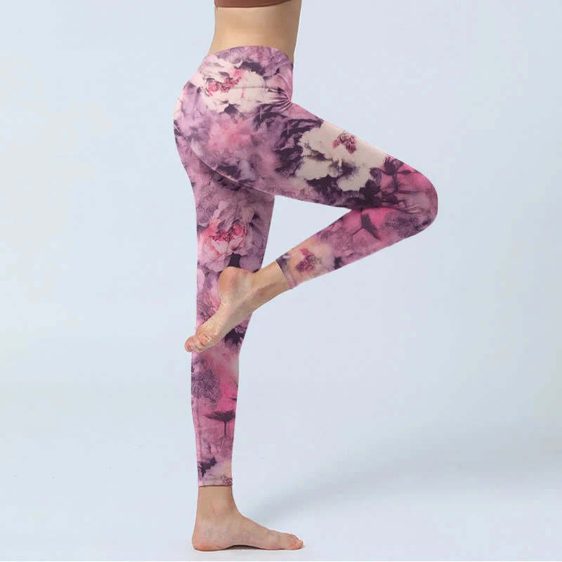 Buddha Stones Purple Peony Flowers Print Gym Leggings Women's Yoga Pants