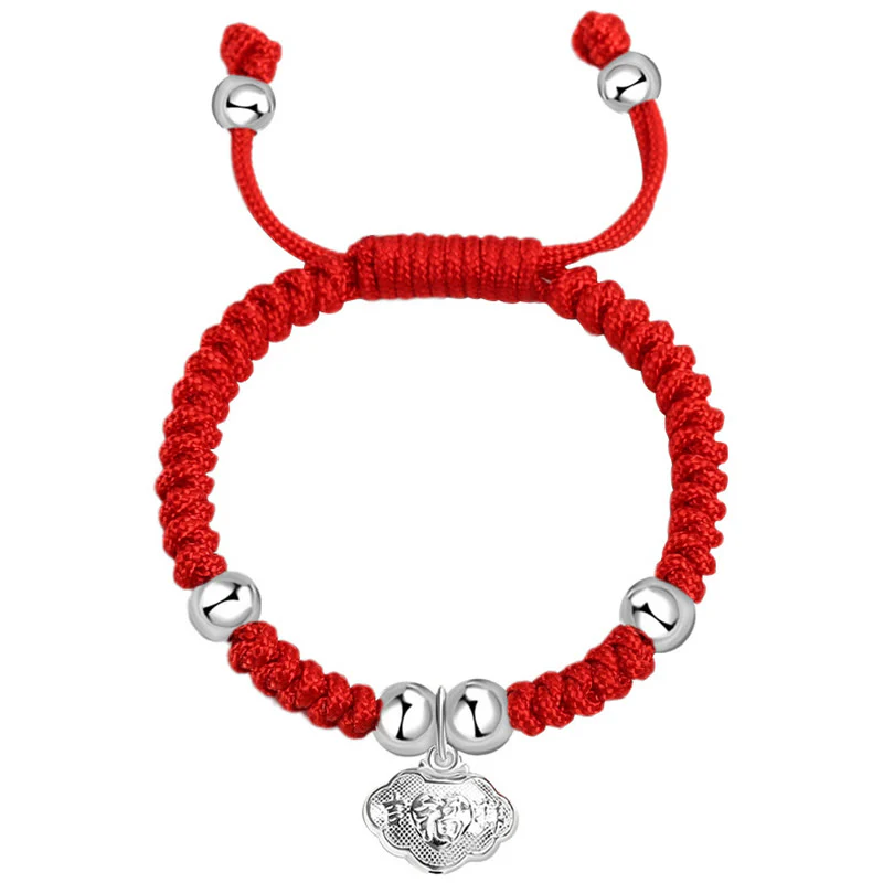 Buddha Stones 925 Sterling Silver Handmade Fu Character Lucky Money Bag Chinese Lock Charm Bell Lotus Copper Coin King Kong Knot Braided Kids Bracelet