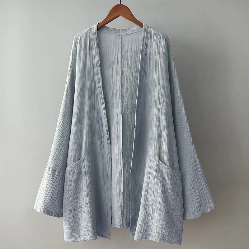 Buddha Stones Plain Long Sleeve Zen Meditation Cotton Linen Jacket With Pockets