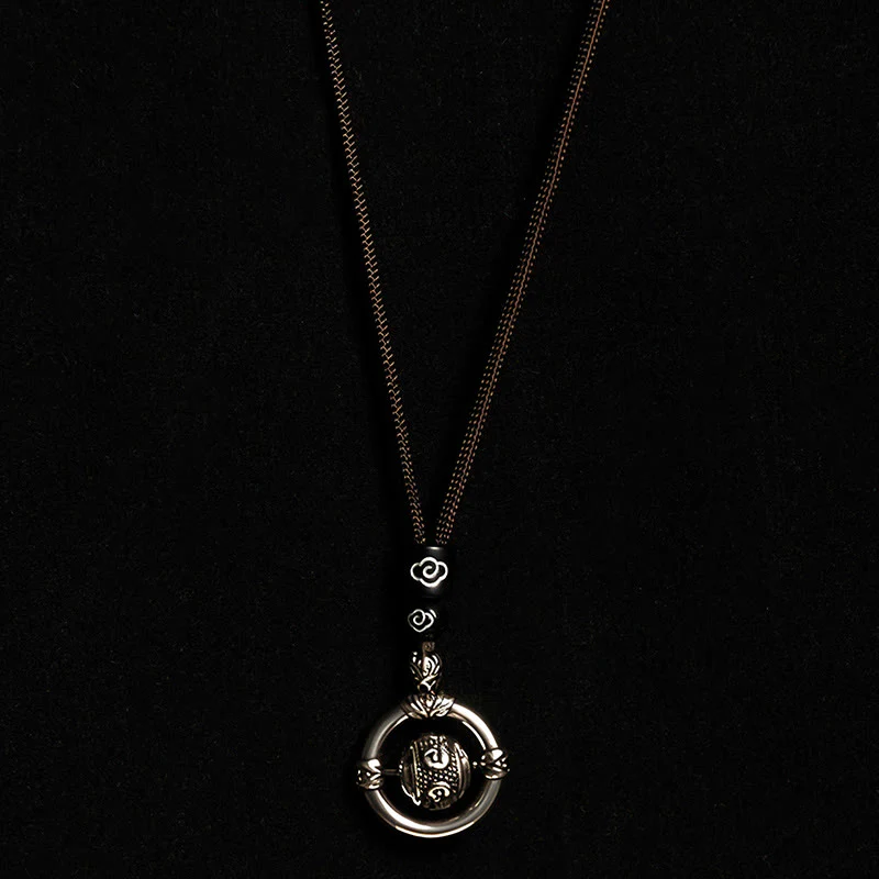 Buddha Stones Om Mani Padme Hum Copper Plated Silver Wealth Rotating Necklace Pendant