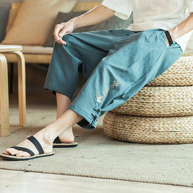 Buddha Stones Crane Embroidery Cotton Men's Cropped Harem Pants With Pockets