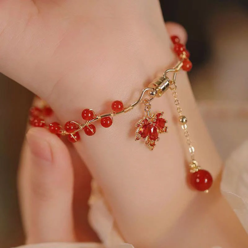 Buddha Stones Red Maple Leaf Luck Charm Bracelet
