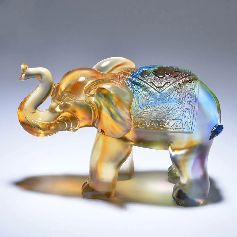 Buddha Stones Handmade Liuli Crystal Elephant Art Piece Wisdom Wealth Home Decoration