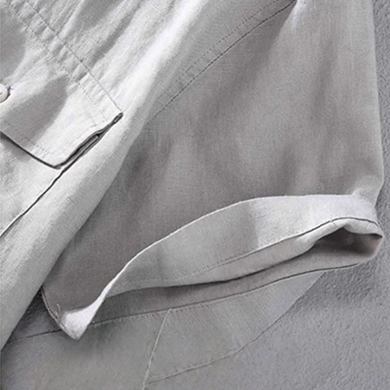 Buddha Stones Casual Simple Design Crew Neck Men's Short Sleeve Linen Shirt With Pocket