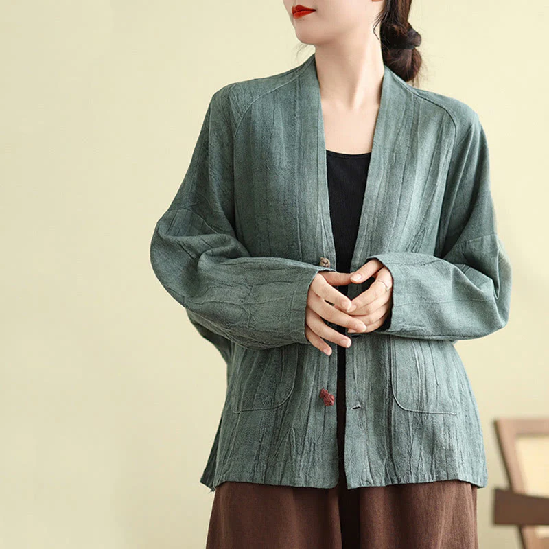 Buddha Stones Plain Long Sleeve Women's Cotton Linen Jacket With Pockets