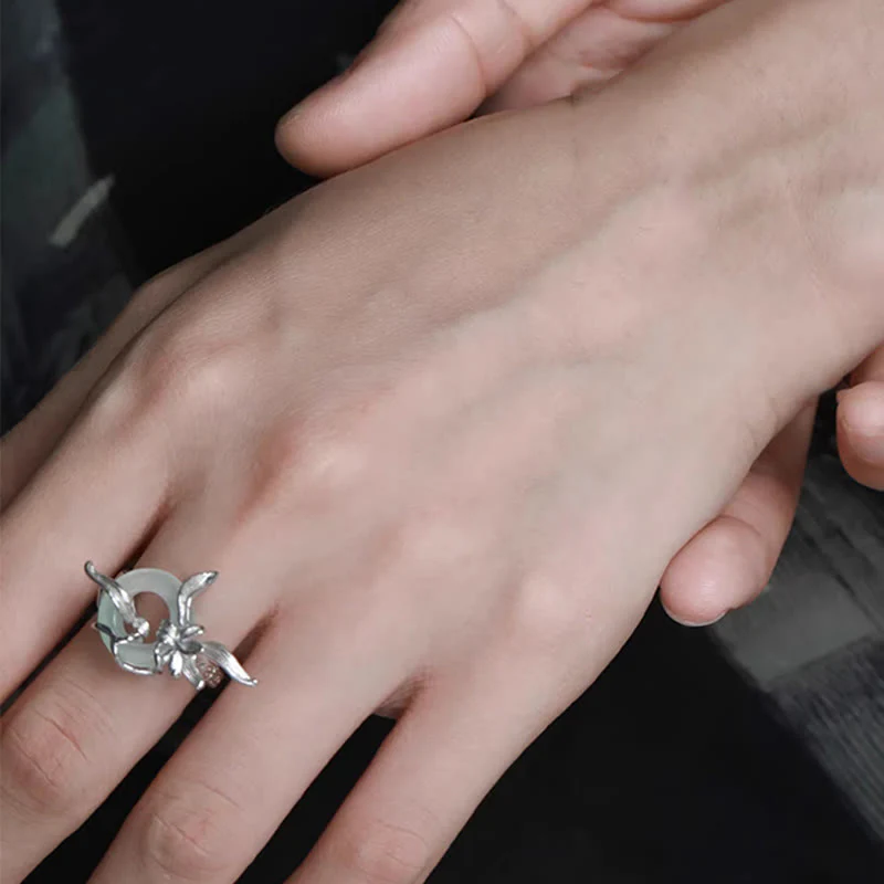 Buddha Stones 925 Sterling Silver Iris Design Peace Buckle Quartzite Jade Balance Ring