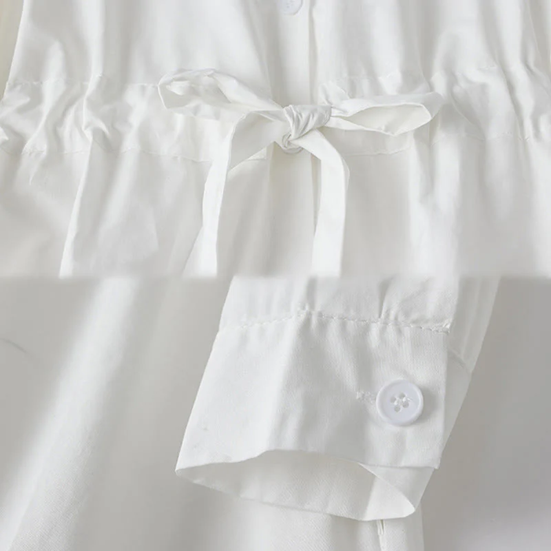 Buddha Stones Printing Irregular Lines Back Lace-up Design Lapel Cotton Midi Dress With Pockets