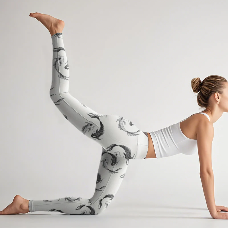 Buddha Stones YinYang Koi Fish Pattern Print Gym Leggings Women's Yoga Pants