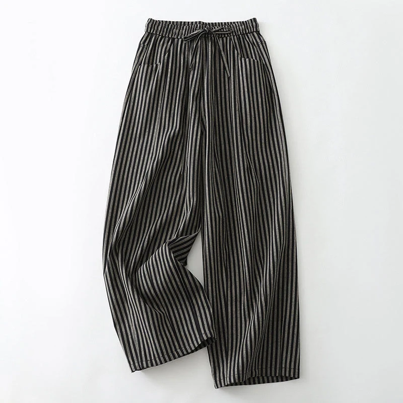 Buddha Stones Commute Striped Drawstring Design Women's Wide Leg Cotton Pants With Pockets